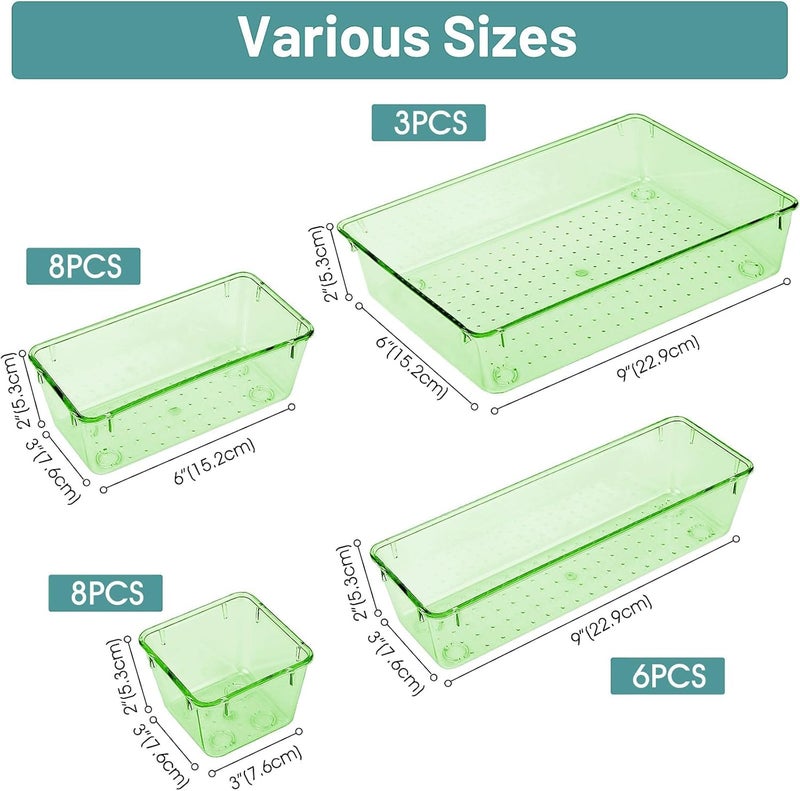WOWBOX 25 PCS Plastic Drawer Organizer Set, 4 Sizes Desk Drawer Divider Organizers and Storage Bins for Makeup, Jewelry, Gadgets for Kitchen, Bedroom, Bathroom, Office, Clear Green - Image 2